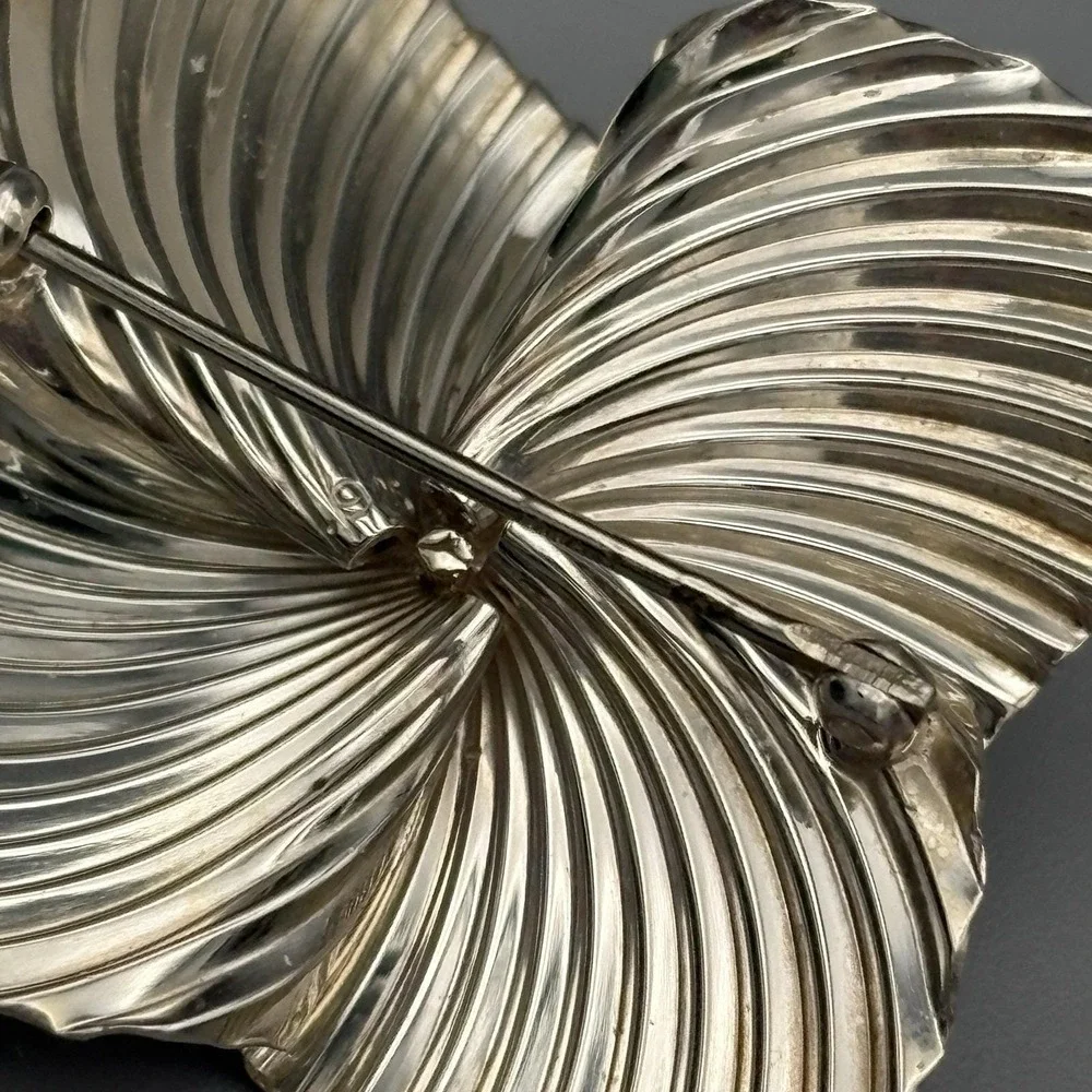 Vintage Sterling Silver 925 Brooch Pin with Cultured Pearl Flower Fluted MCM